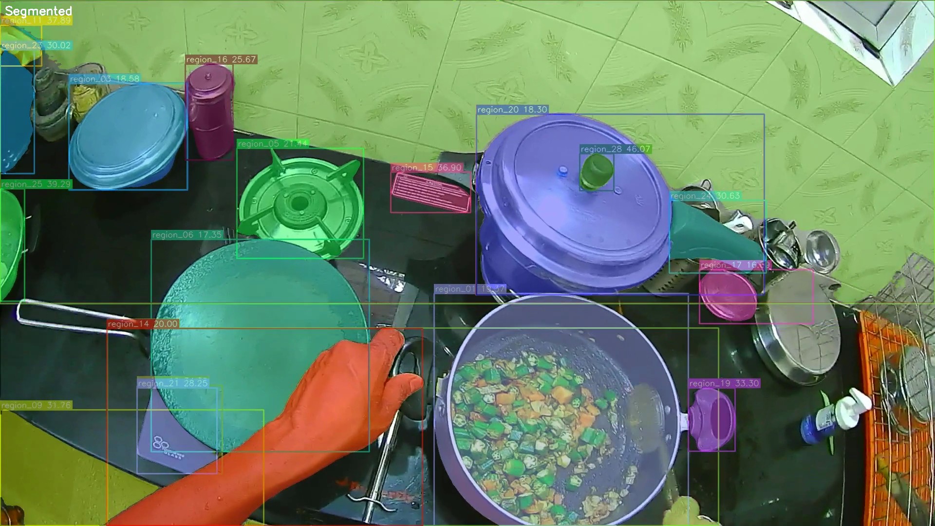 Segmented kitchen scene with hand keypoints overlaid