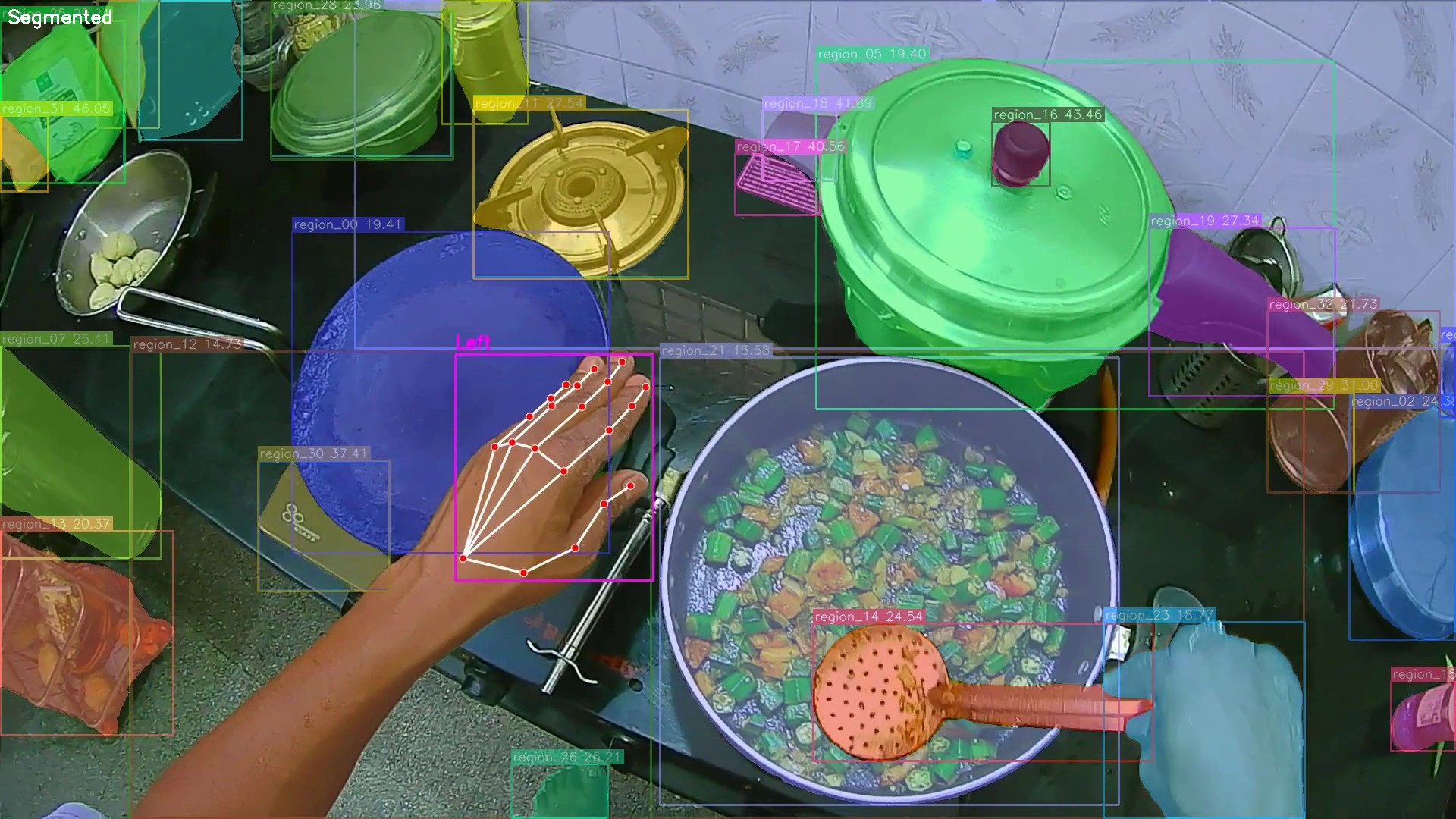 Segmented overhead view of a cluttered cooking workspace